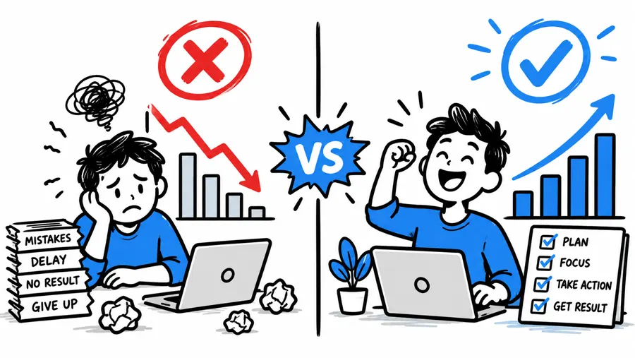 Split drawing: a frustrated person by a falling chart and a cheering person by a rising one.