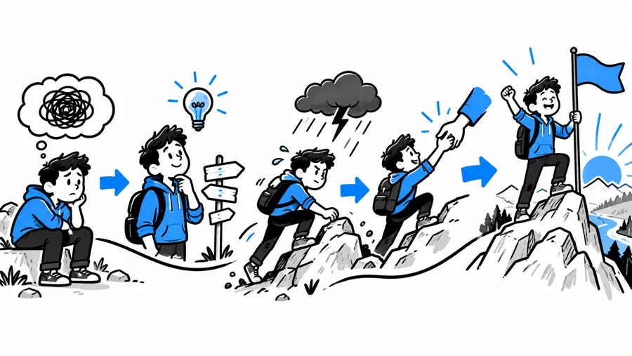 One character drawn five times, from sitting confused to planting a flag on a summit.